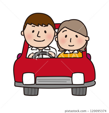 一對夫婦駕駛一輛紅色汽車（前） 120095374