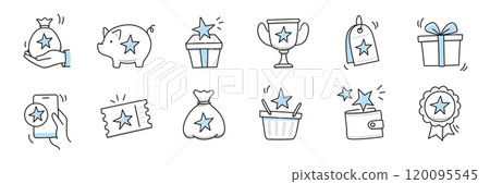 Reward bonus gift icon set. Benefit reward bonus loyalty prize hand drawn sketch line pen stroke style icon. Benefit gift coupon, loyalty card sketch doodle drawn collection. Vector Reward bonus gift icon set. Benefit reward bonus loyalty prize hand drawn sketch line pen stroke style icon. Benefit gift coupon, loyalty card sketch doodle drawn collection. Vector 120095545
