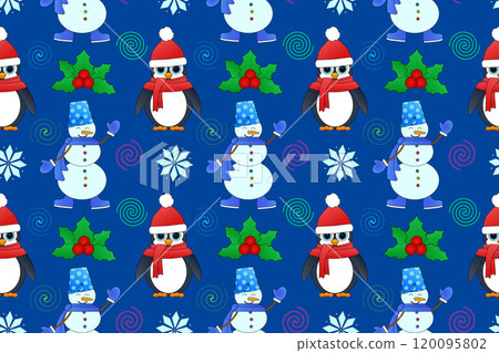 Christmas Pattern with Penguins and Snowmen 120095802