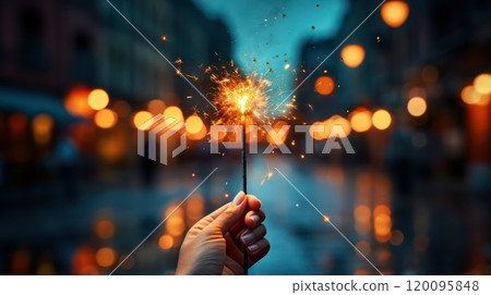 A bright sparkler illuminates the night with festive glow, capturing the spirit of celebration, excitement, and holiday cheer with a beautiful bokeh background 120095848