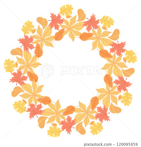 Beautiful autumn wreath made of yellow, orange, and red leaves, creating a circular frame. Great for seasonal decor, harvest themes, and festive Thanksgiving projects Beautiful autumn wreath made of yellow, orange, and red leaves, creating a circular frame. Great for seasonal decor, harvest themes, and festive Thanksgiving projects 120095859