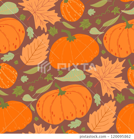 Vibrant pattern of pumpkins and autumn leaves in shades of orange, brown, and green, ideal for fall-themed designs, seasonal decorations, and Thanksgiving backgrounds 120095862