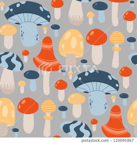 Colorful mushroom pattern featuring red, blue, and yellow fungi on a gray background, perfect for autumnal decor, nature-themed designs, and whimsical forest-inspired illustrations Colorful mushroom pattern featuring red, blue, and yellow fungi on a gray background, perfect for autumnal decor, nature-themed designs, and whimsical forest-inspired illustrations 120095867
