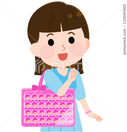 一個微笑的女孩拿著裝滿罐頭徽章的 ita 袋的插圖 一個微笑的女孩拿著裝滿罐頭徽章的 ita 袋的插圖 120095909