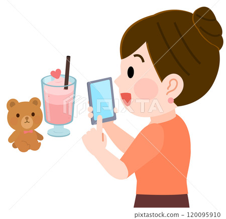 一個微笑的女孩在咖啡館享受縫紉的插圖 一個微笑的女孩在咖啡館享受縫紉的插圖 120095910