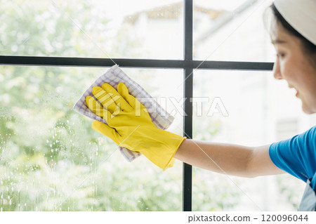 A smiling woman dedicated to housework sprays and wipes office windows. Her emphasis on purity hygiene and transparent cleanliness ensures sparkling spotless windows. A smiling woman dedicated to housework sprays and wipes office windows. Her emphasis on purity hygiene and transparent cleanliness ensures sparkling spotless windows. 120096044