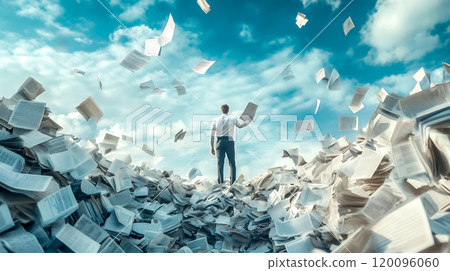 商人站在廢棄的文件上，對著藍天大喊 120096060