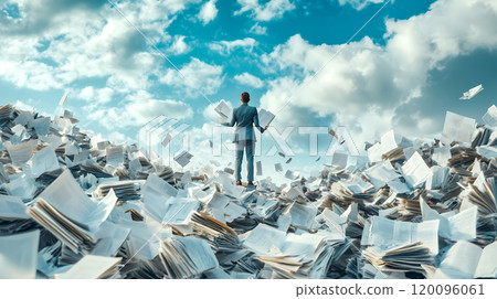 A businessman standing on discarded documents and shouting into the blue sky A businessman standing on discarded documents and shouting into the blue sky 120096061