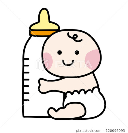 A baby with red cheeks holding a baby bottle 120096093