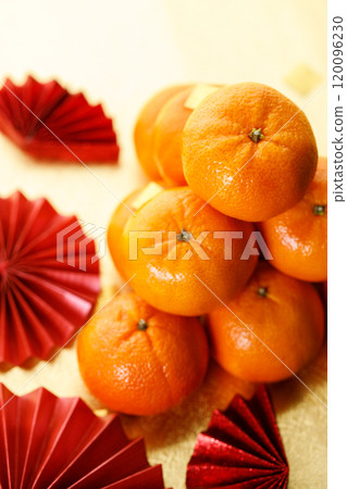 Tangerine oranges on golden background for celebration Lunar New Year 120096230
