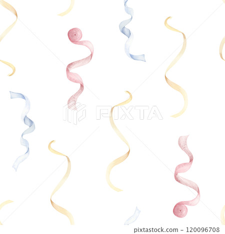 Watercolor pastel ribbons in pink, blue and yellow seamless pattern on white. Sewing girl accessories for baby nursery designs and festive birthday cards 120096708