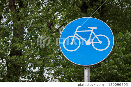 Bicycle Pedestrian Zone Road Sign. In the background of the park Bicycle Pedestrian Zone Road Sign. In the background of the park 120096803