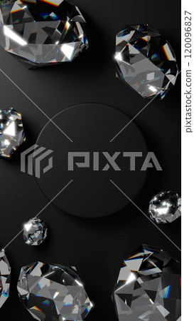 A pedestal and multiple diamonds on a black background. Aerial view. 3D (portrait) 120096827