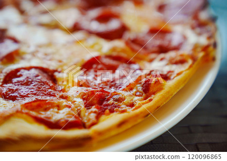 Close-up of pepperoni pizza. Close-up of pepperoni pizza. 120096865