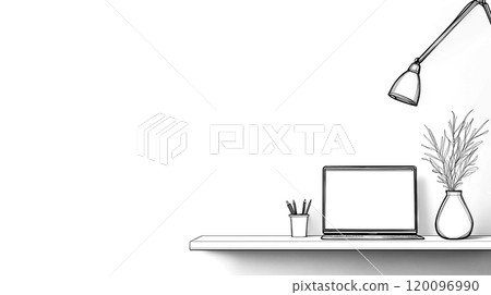 Modern desk space illustration featuring laptop and lamp 120096990