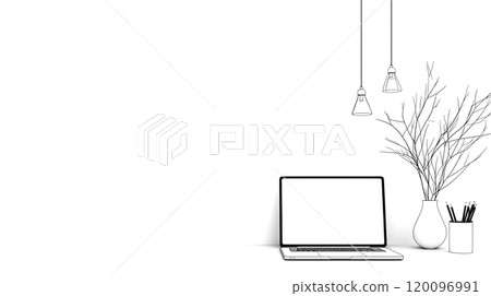 Laptop showing blank screen displaying minimal workspace illustration 120096991