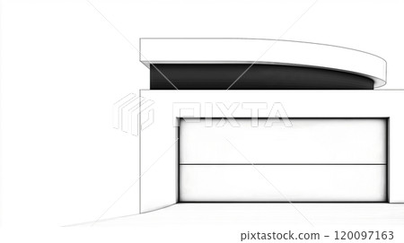 Modern house facade sketch featuring garage and curved roofline 120097163
