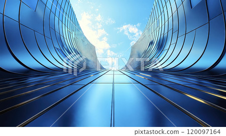 Futuristic architecture illustration, modern glass building reflecting blue sky 120097164