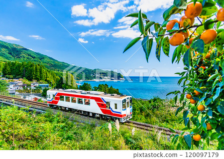 秋季沿著三陸海岸行駛的三陸鐵路列車（吉濱～戶丹） 120097179