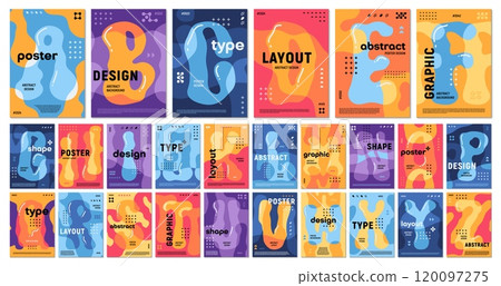 Groovy bubble alphabet typography book covers, poster templates layout. Vector psychedelic y2k abc characters in hippie acid style. Retro-futuristic font, typeface letters with curvy flowing shapes 120097275