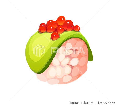 Cartoon temari Japanese sushi roll, topped with a layer of red salmon roe on a ball of sushi rice and covered with a bright green avocado or cucumber slice. Isolated vector traditional Japan seafood Cartoon temari Japanese sushi roll, topped with a layer of red salmon roe on a ball of sushi rice and covered with a bright green avocado or cucumber slice. Isolated vector traditional Japan seafood 120097276