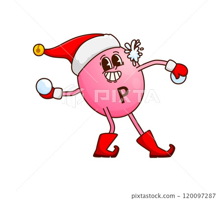 Christmas groovy vitamin P character playing snowball, winter holiday cartoon emoji. Funny groovy vitamin P or micronutrient pill in Santa hat with happy face for Christmas or New Year character 120097287