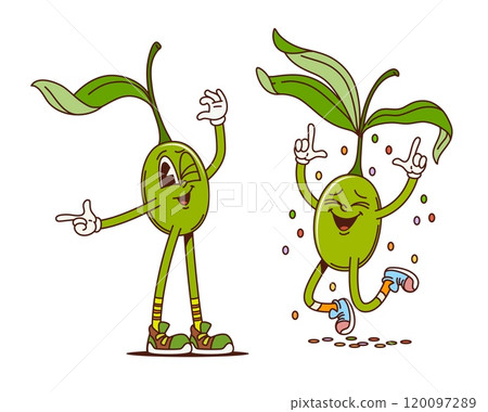 Groovy olives retro characters of funny funky comic vegetables, vector cartoon icons. Groovy olives friends with happy smile and wink on party celebration with confetti in good vibes for food emoji 120097289