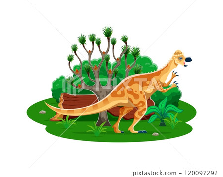 Pachycephalosaurus prehistoric dinosaur character. Isolated cartoon vector genus of ornithischian dinos. Herbivore animal from the late cretaceous period in a lush green forest with trees and plants 120097292
