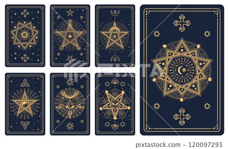 Occult tarot vector cards with gold line pattern of Moon, Sun, stars, esoteric eye of providence and magic pentagram. Vintage mystic tarot cards set with outline geometric frames, celestial ornament 120097293