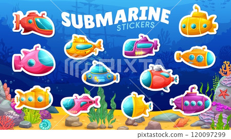 Cartoon submarine yellow underwater ships stickers pack. Vector kids submarines, bathyscaphes and ships with cute periscopes and portholes. Under water ship stickers on sea bottom landscape background 120097299