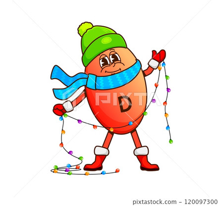 Groovy vitamin D character with Christmas lights, vector cartoon micronutrient emoji. Groovy vitamin D in winter hat and scarf with happy face and Christmas lights decoration for New Year character 120097300