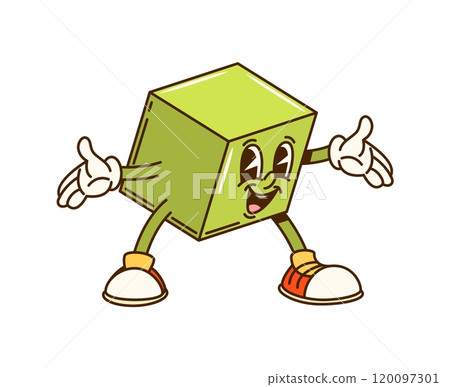 Groovy math geometric cube figure character. Isolated cartoon vector cheerful cubic with a bright green color, joyful expression outstretched arms, exudes fun and energy ready for children education 120097301