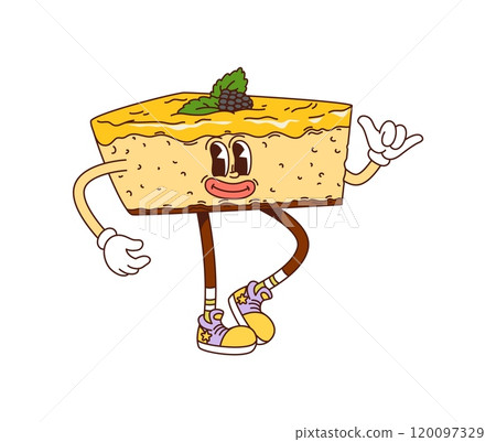 Cartoon groovy cake bakery and pastry character. Vector fun and quirky slice of biscuit or cheesecake dessert retro food personage with a blackberry on top, exuding a sense of joy and playfulness Cartoon groovy cake bakery and pastry character. Vector fun and quirky slice of biscuit or cheesecake dessert retro food personage with a blackberry on top, exuding a sense of joy and playfulness 120097329