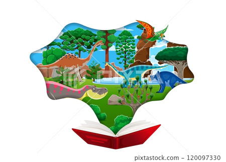 Paper cut opened book with prehistoric era dinosaurs landscape. Cartoon vector scene emerges from an open book symbolizing magic and adventure of reading. Educational storytelling about the dino world Paper cut opened book with prehistoric era dinosaurs landscape. Cartoon vector scene emerges from an open book symbolizing magic and adventure of reading. Educational storytelling about the dino world 120097330