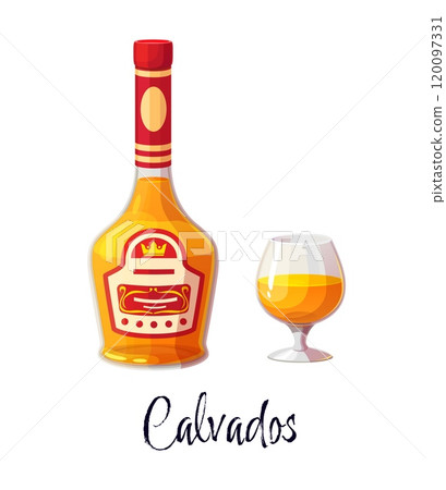 Calvados alcohol bottle and glass for bar drink or beverage, vector cartoon icon. Calvados brandy bottle with label and glass for premium quality alcohol drinks bar menu or party celebration 120097331