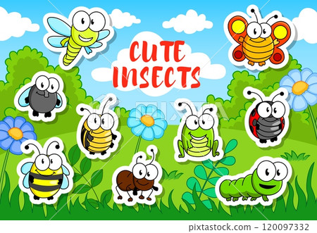 Cartoon funny insect characters stickers pack, vector cute bugs. Funny butterfly, ant, bee and fly, ladybug, grasshopper, dragonfly, worm or caterpillar insects characters on flower field background 120097332