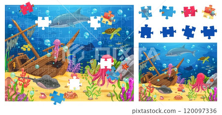 Kids jigsaw puzzle logic game with sunken ship at underwater landscape. Vector riddle with colorful marine life as a dolphin, octopus and turtle, promoting problem-solving skills and educational fun 120097336