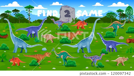 Find two same prehistoric dinosaurs in a lush natural landscape. Vector puzzle game, riddle, challenge workout that invites kids to find two identical dino. Educational and entertainment task activity 120097342
