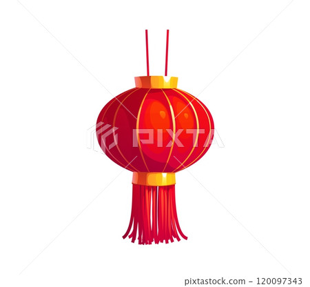 Cartoon Chinese festival red lantern, Asian Chinatown lamp for celebrating Lunar New Year. Vector traditional decorative lamp in shape of sphere with tassel and golden details symbolizing good fortune Cartoon Chinese festival red lantern, Asian Chinatown lamp for celebrating Lunar New Year. Vector traditional decorative lamp in shape of sphere with tassel and golden details symbolizing good fortune 120097343