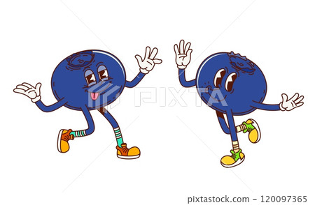 Cartoon groovy blueberry berry fruit characters. Isolated vector cheerful bilberry retro personages wears sneakers, , showcasing funky vibes and exuding a sense of wonder, summer mood and excitement Cartoon groovy blueberry berry fruit characters. Isolated vector cheerful bilberry retro personages wears sneakers, , showcasing funky vibes and exuding a sense of wonder, summer mood and excitement 120097365