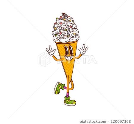 Cartoon ice cream cone funny groovy hippie sweet dessert character. Isolated vector summer food personage, positive waffle cone with tasty icecream swirls, sprinkles and smile, exuding retro vibes 120097368
