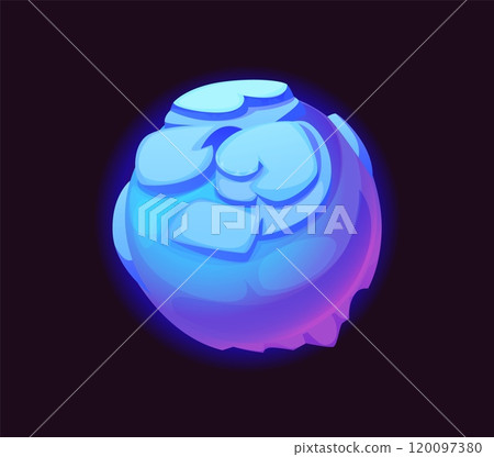 Cartoon galaxy fantasy alien ice space planet with frozen surface, vector icon. Mysterious alien planet with blue ice and snow rocks terrain landscape in space for fantasy galaxy adventure game Cartoon galaxy fantasy alien ice space planet with frozen surface, vector icon. Mysterious alien planet with blue ice and snow rocks terrain landscape in space for fantasy galaxy adventure game 120097380