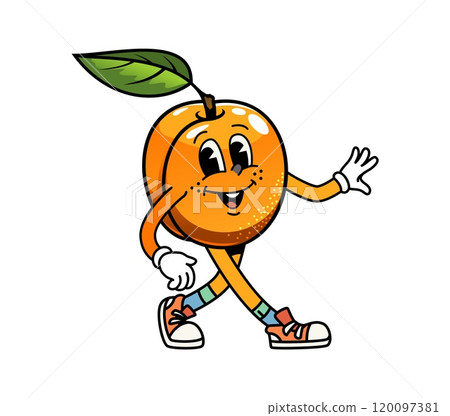 Cartoon groovy apricot fruit character with a leaf. Isolated vector ripe, healthy organic fruit personage walking cheerfully with happy smile, retro vintage, y2k, hippie vibe, wears sneakers and socks Cartoon groovy apricot fruit character with a leaf. Isolated vector ripe, healthy organic fruit personage walking cheerfully with happy smile, retro vintage, y2k, hippie vibe, wears sneakers and socks 120097381