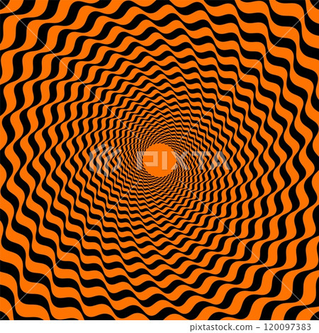Psychedelic Halloween hypnotic spiral pattern for horror holiday, vector background. Hypnotic spiral pattern of orange and black swirls in hypnosis illusion of wormhole tunnel for Halloween holiday 120097383