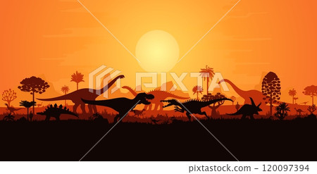 Giant dinosaurs fighting silhouettes in sunset landscape of Jurassic era, vector background. Prehistoric dino park or paleontology museum banner with fighting roaring T-rex and dinosaurs silhouettes Giant dinosaurs fighting silhouettes in sunset landscape of Jurassic era, vector background. Prehistoric dino park or paleontology museum banner with fighting roaring T-rex and dinosaurs silhouettes 120097394