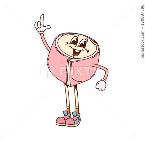 Cartoon retro groovy Japanese namagashi dessert character cheerfully pointing up with a finger. Vector charming pink confection personage. Funny and happy traditional japan sweets with playful smile 120097396