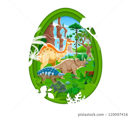 Paper cut dino egg with funny cartoon dinosaurs and prehistoric lizards, vector banner. Jurassic era park or jungle forest with giant dinosaurs, reptiles and lizards in forest in paper cut dino egg Paper cut dino egg with funny cartoon dinosaurs and prehistoric lizards, vector banner. Jurassic era park or jungle forest with giant dinosaurs, reptiles and lizards in forest in paper cut dino egg 120097416