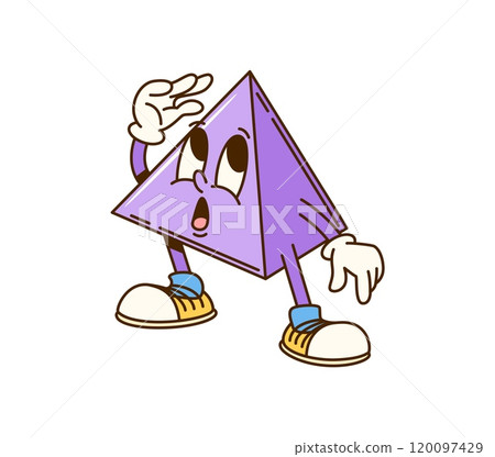Groovy math geometric pyramid figure character. Isolated cartoon vector playful and lively educational shape personage wearing hippie sneakers and showing fun, mischievous or surprised expression 120097429