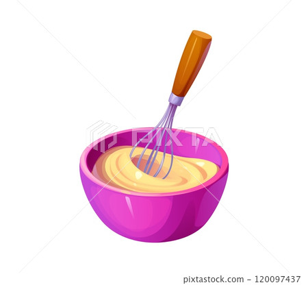 Whisk and cream whipping for food cooking process and preparation, vector icon. Whisking cream or sauce with whisk and bowl, baking kitchenware or bakery utensil appliance for pastry preparation Whisk and cream whipping for food cooking process and preparation, vector icon. Whisking cream or sauce with whisk and bowl, baking kitchenware or bakery utensil appliance for pastry preparation 120097437