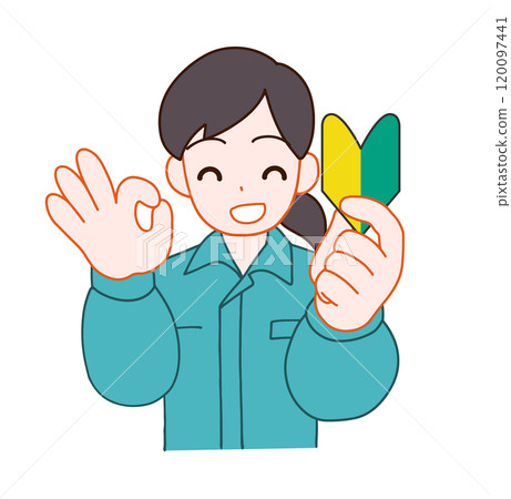 一位穿著工作服、微笑、畸形的婦女拿著初學者標記並給出“OK”手勢的插圖 一位穿著工作服、微笑、畸形的婦女拿著初學者標記並給出“OK”手勢的插圖 120097441